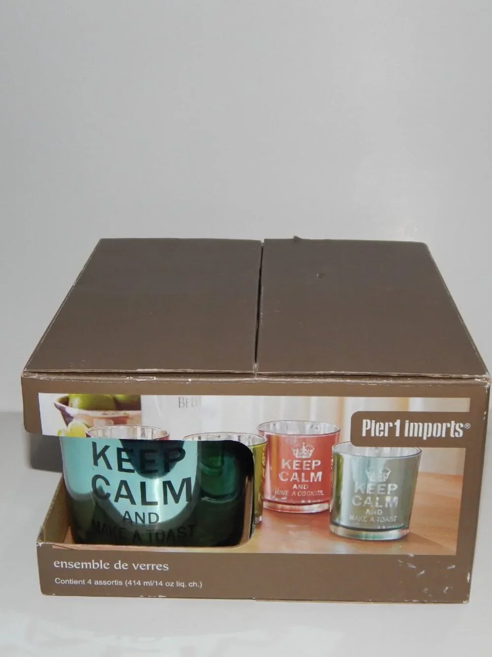 Pier 1 One Imports Keep Calm And... Colored Tumblers Set of 4 14oz Glasses - NIB
